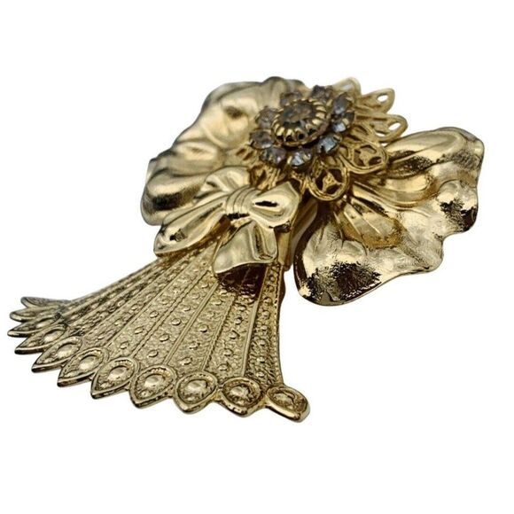 Vintage Jane Glass Crystal Gold Tone Flower Angel Brooch Pin Signed - Picture 2 of 6